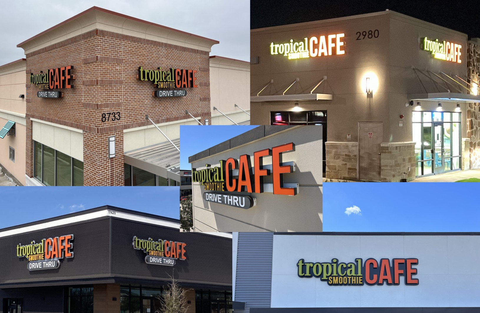 a collage of lighted exterior business signs for Tropical Smoothie Cafe locations in Texas